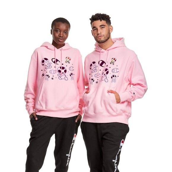 Champion x Super Mario Bros Toad Pink Pullover Hoodie Unisex Size L RARE - Picture 2 of 9